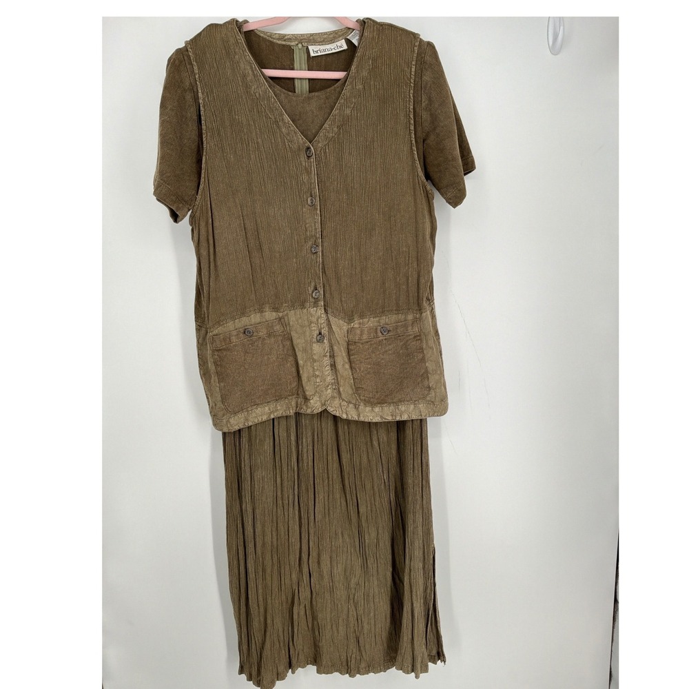 Briana-che Womens Brown Crinkle Maxi Dress and Vest Set Size 14 Boho Lagenlook